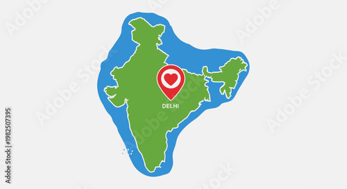 Map of India with Delhi Location Pin and Heart Symbol Icon.