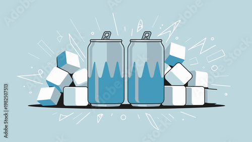 Outline style cold beverage cans with ice cubes on a light blue background