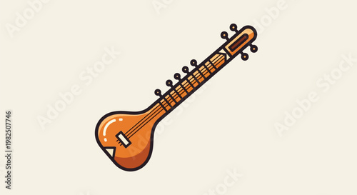 A colorful vector illustration of a traditional Indian sitar musical instrument.