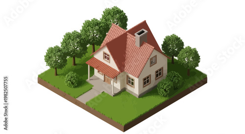 Isometric illustration of a house with trees on a green lawn isolated