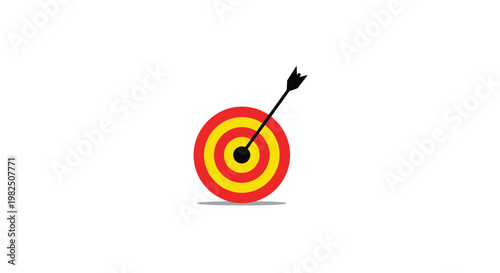 A vibrant red and yellow circular archery target features a single black arrow stuck perfectly in the center bullseye against a clean white background.