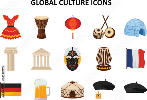 Set of Global Culture Icons, Representing Diversity and Traditions from Around the World