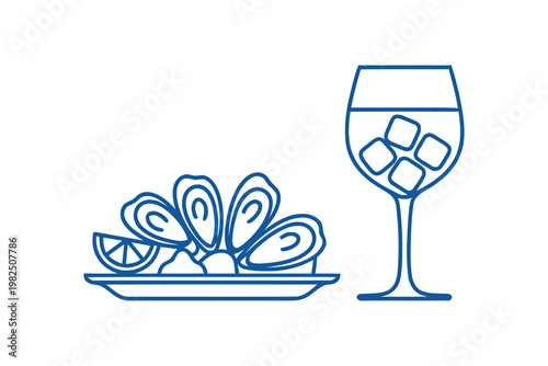 Fresh oyster platter with a glass of cold drink in linear style