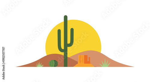 A minimalist desert landscape features a tall saguaro cactus and a unique rock formation set against rolling brown hills and a large yellow sun.