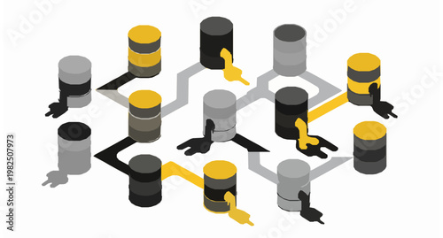 Isometric Oil Barrel Leak Vector Illustration with Geometric Industrial Layout for Environmental and Economic Infographics