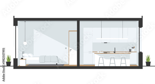 A meticulous architectural cross-section displays a pristine white bedroom and a modern kitchen island with three stools under soft interior lighting.