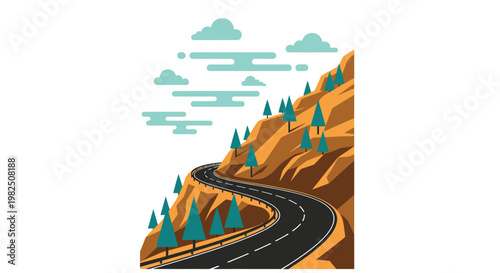 Winding road through brown hillside trees.