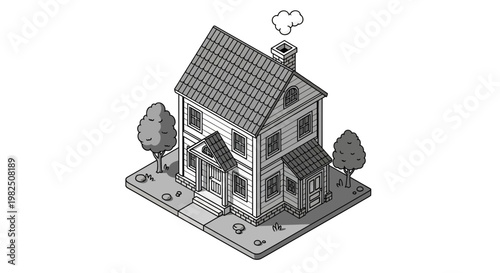 Isometric illustration of a two story house with trees and chimney smoke