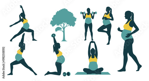 Pregnant woman exercising yoga poses.