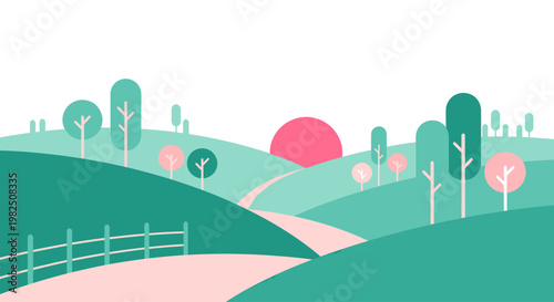 Fence on rolling green hills landscape.