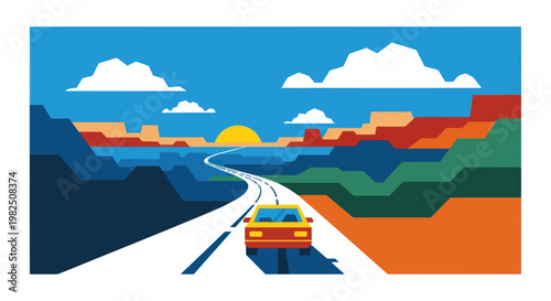 Car Drives Down Winding Highway Road.