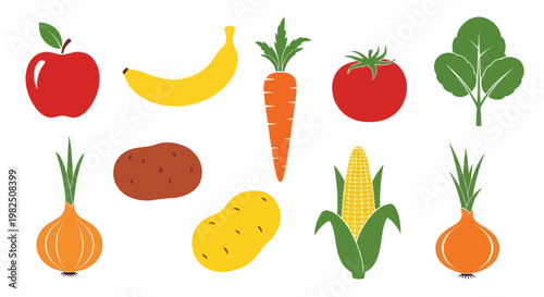 Fresh colorful vegetables and fruits icons.