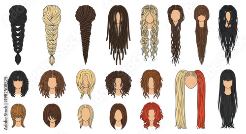 Collection of various wigs on mannequin heads.