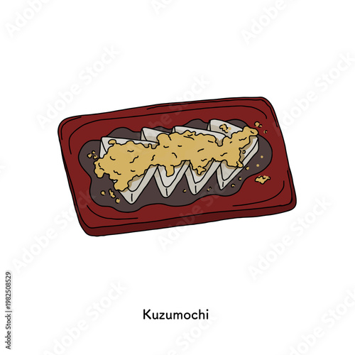 きな粉と黒蜜をかけたくず餅の和菓子イラスト｜和スイーツ 日本の伝統菓子 デザート