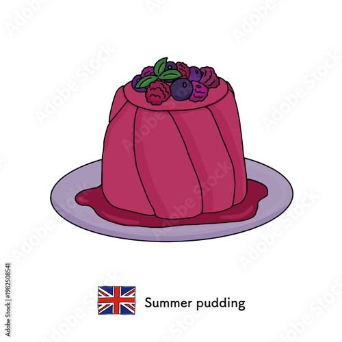ベリーをたっぷり使ったサマープディングのイラスト｜英国の伝統的なフルーツデザート