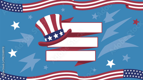 Patriotic Uncle Sam hat with flag banners and stars on blue background