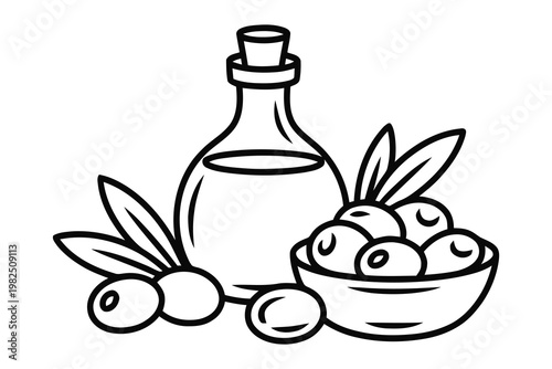 Glass bottle of olive oil with a bowl of fresh green olives icon