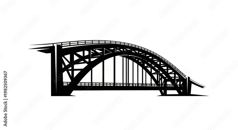 Obraz premium Black Silhouette of a Steel Arch Bridge on a White Background