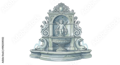 Ornate Stone Fountain with Cherubs and Dolphin Sculptures
