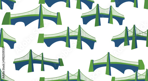 Seamless Pattern of Blue and Green Suspension Bridges on White Background