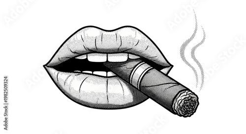 Sensual Lips Smoking Cigar, Black and White Illustration, Smoke Wisp