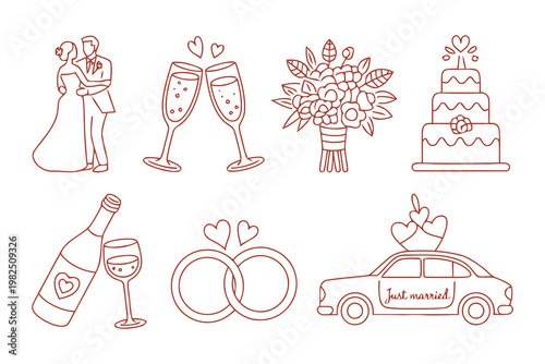 Set of cute hand drawn wedding icons and marriage celebration symbols
