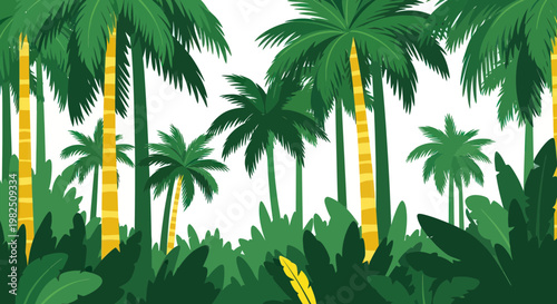 Vibrant tropical jungle with lush palm trees and exotic foliage