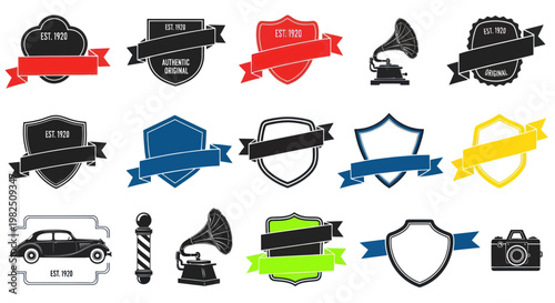 Vintage Badges and Emblems Collection: Retro Labels, Ribbons, Gramophone, Car, Camera