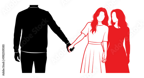 Couple Concept: Woman Holding Hands with Another Woman, Man Separated