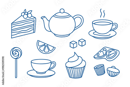 Set of cute hand drawn tea time elements and sweet dessert doodles