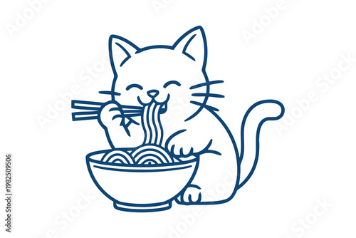Cute cartoon cat eating delicious noodles from a bowl with chopsticks