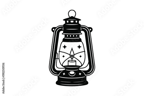 Black and white vector illustration of a vintage camping lantern