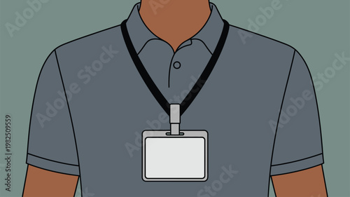 Person wearing a grey polo shirt with a black lanyard holding a blank ID card