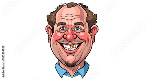 Caricature illustration of a smiling middle-aged man with a gold tooth and flushed face, wearing a blue shirt.