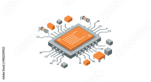 A sophisticated isometric electronic microchip features a bright orange central processor surrounded by intricate silver circuit traces and components.