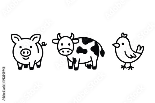 Cute hand drawn pig cow and chicken farm animal icons set collection