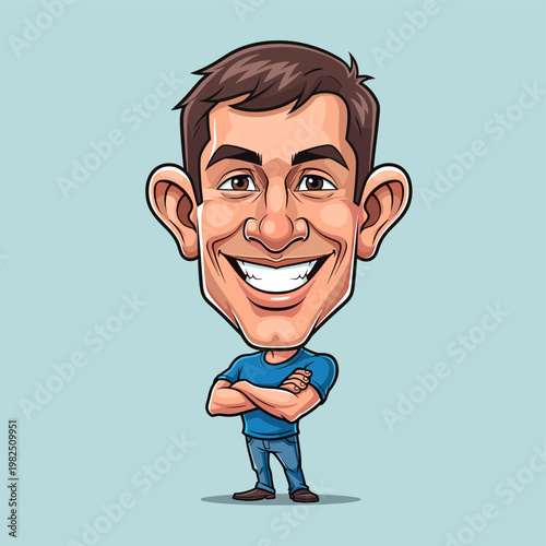 Vibrant vector caricature of a cheerful young man with a wide smile, big ears, and crossed arms, wearing a blue t-shirt and jeans, standing against a light blue background.