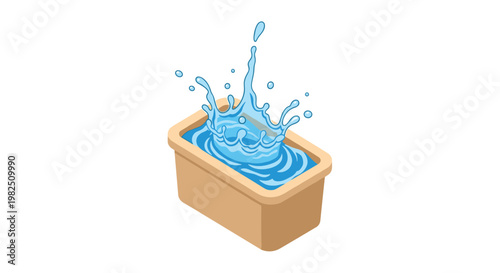A pristine isometric illustration captures a dynamic blue water splash erupting from a simple tan rectangular container under soft and even lighting.