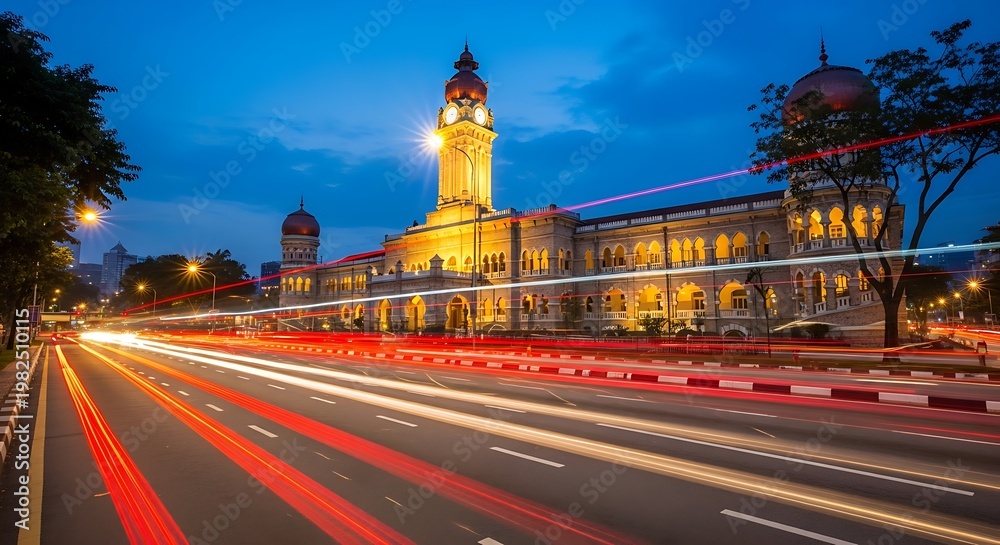 Obraz premium Illuminated building at night with traffic light trails and a clear sky