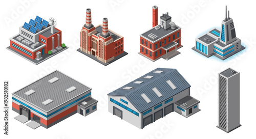 A collection of meticulous isometric industrial buildings showcases various factory designs including solar-powered facilities and modern warehouses.