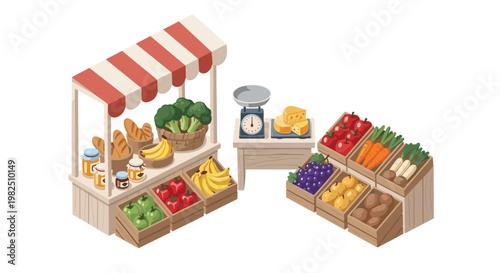 Vibrant isometric farmers market stall featuring a red and white striped awning and wooden crates filled with fresh bread, broccoli, bananas, and fruit.