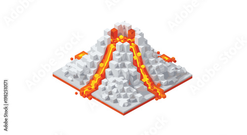 Creative voxel art representation of a snow-capped volcano with vibrant orange lava flowing through geometric channels down the white blocky slopes.