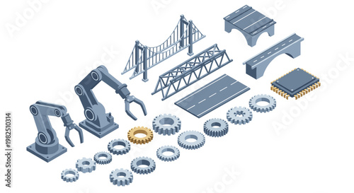 Comprehensive set of isometric industrial icons featuring robotic assembly arms, suspension bridges, road sections, electronic microchips, and gears.