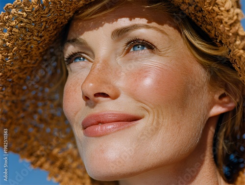 Close-up portrait of a beautiful mature woman wea a straw hat and smiling with blue eyes looking up into the sunlight on a sunny day.