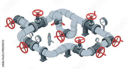 A sophisticated industrial piping network featuring grey pipes and prominent red handwheel valves with pressure gauges mounted on heavy duty metal supports.