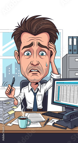 A stressed businessman with a panicked expression sits at his desk, overwhelmed by paperwork and a looming deadline.