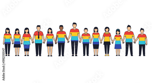 Diverse Group of People Holding Hands Wearing Rainbow Colored Shirts.