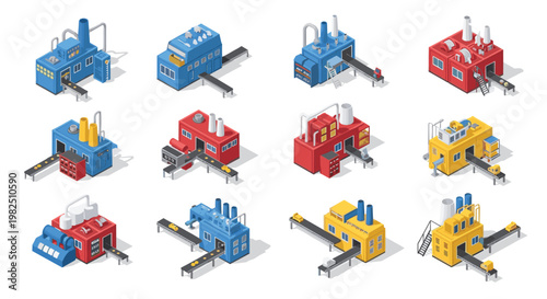 A diverse array of colorful isometric industrial factory buildings with functional conveyor belts and tall chimneys arranged neatly on a pristine white surface.