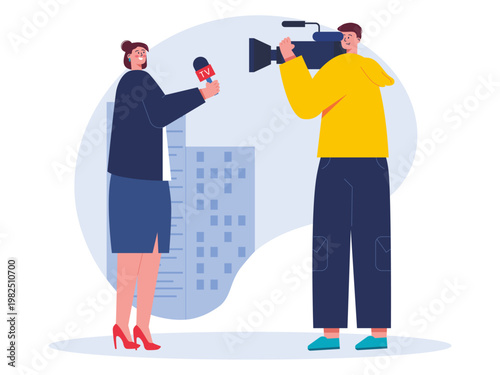 A television news reporting scene, capturing a reporter interviewing someone while being filmed by a camera operator. Communication illustrations. Flat vector concepts.	