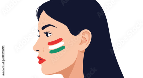 Young woman with painted Hungarian flag on her cheek.